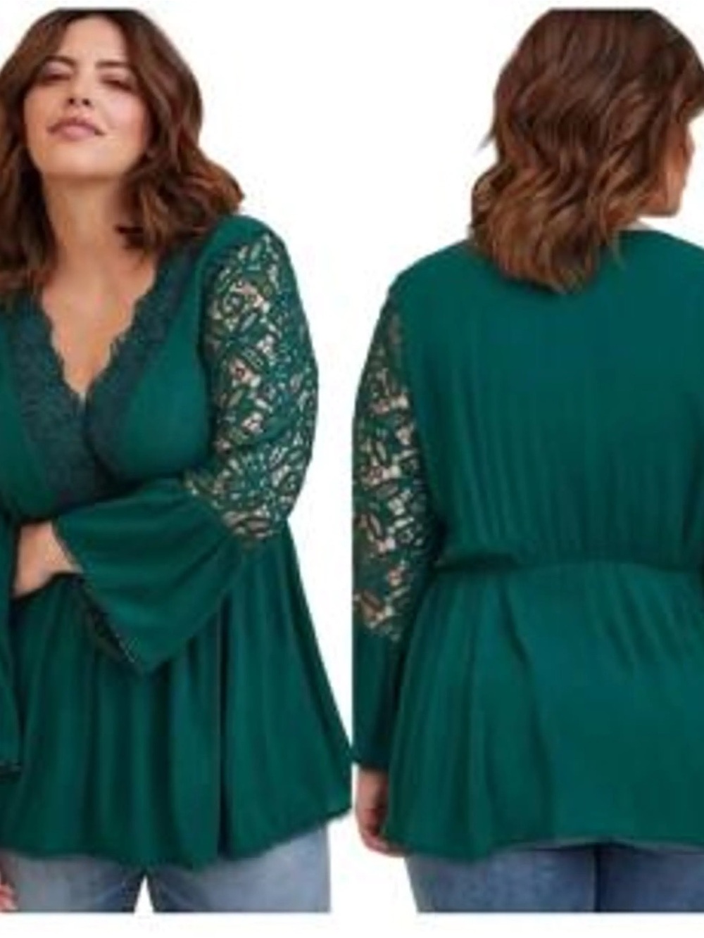 NWT Boho:Torrid Emerald Green Boho Lace eyelet Flowy Bell Sleeve Blouse size 2X